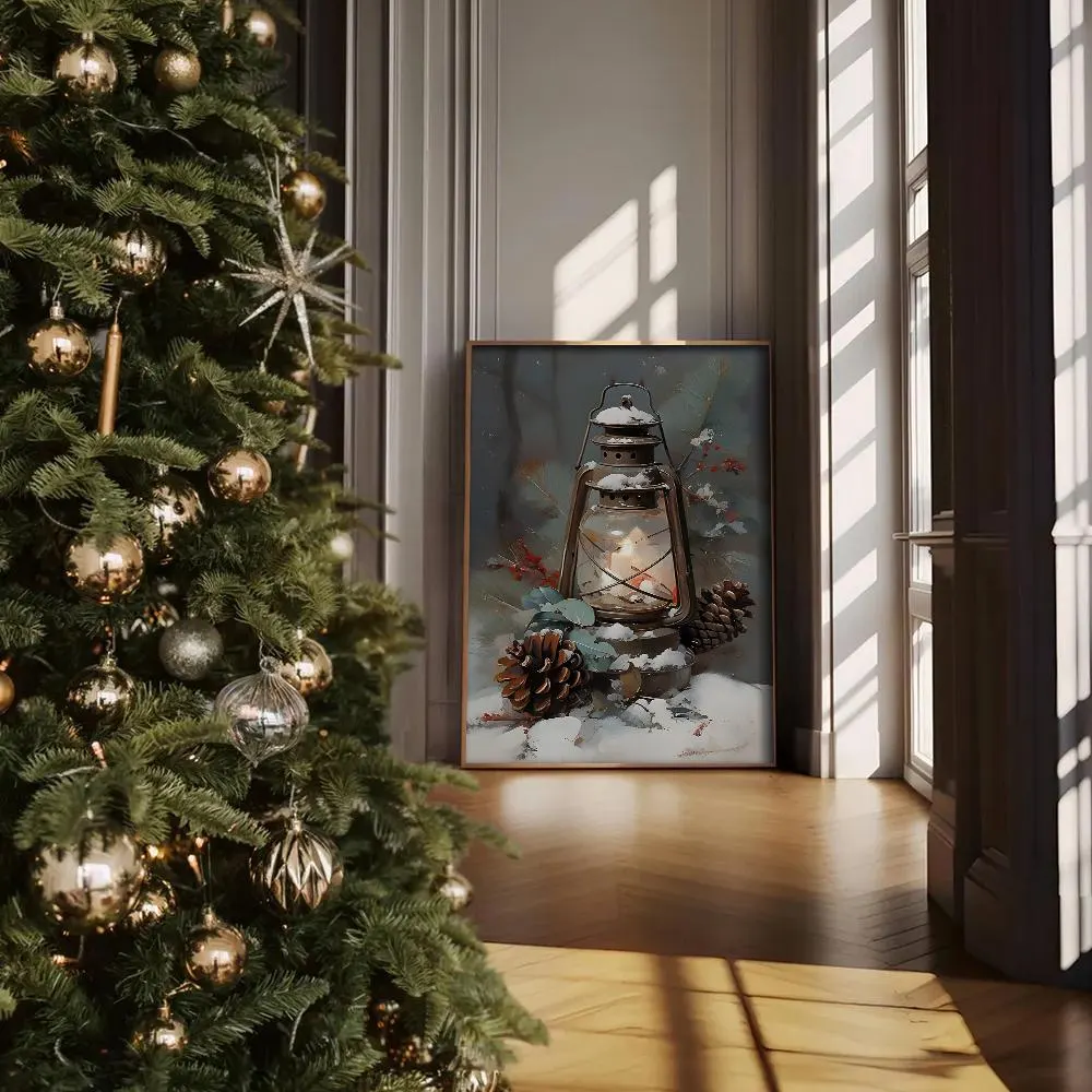 Winter Lantern Canvas Wall Art | Christmas Pinecone Still Life Oil Painting | Cozy Holiday Print Home Room Decor - image 4