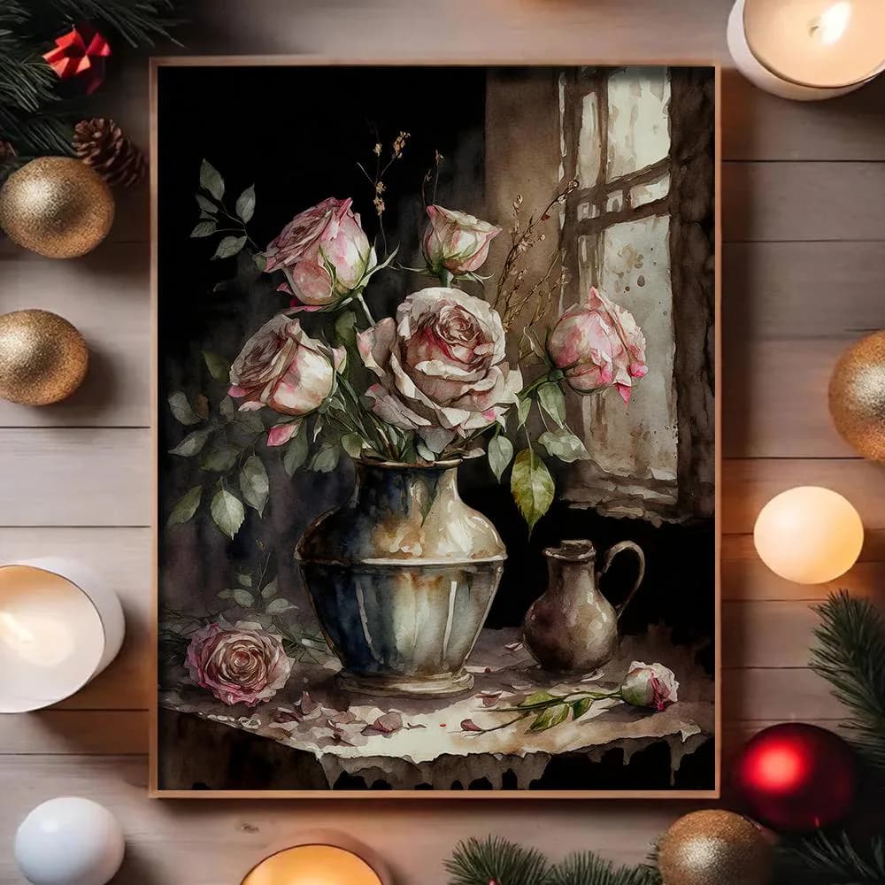 Vintage Rose Canvas Wall Art | Moody Watercolor Flower Still Life Painting | Dark Botanical Print Home Room Decor
