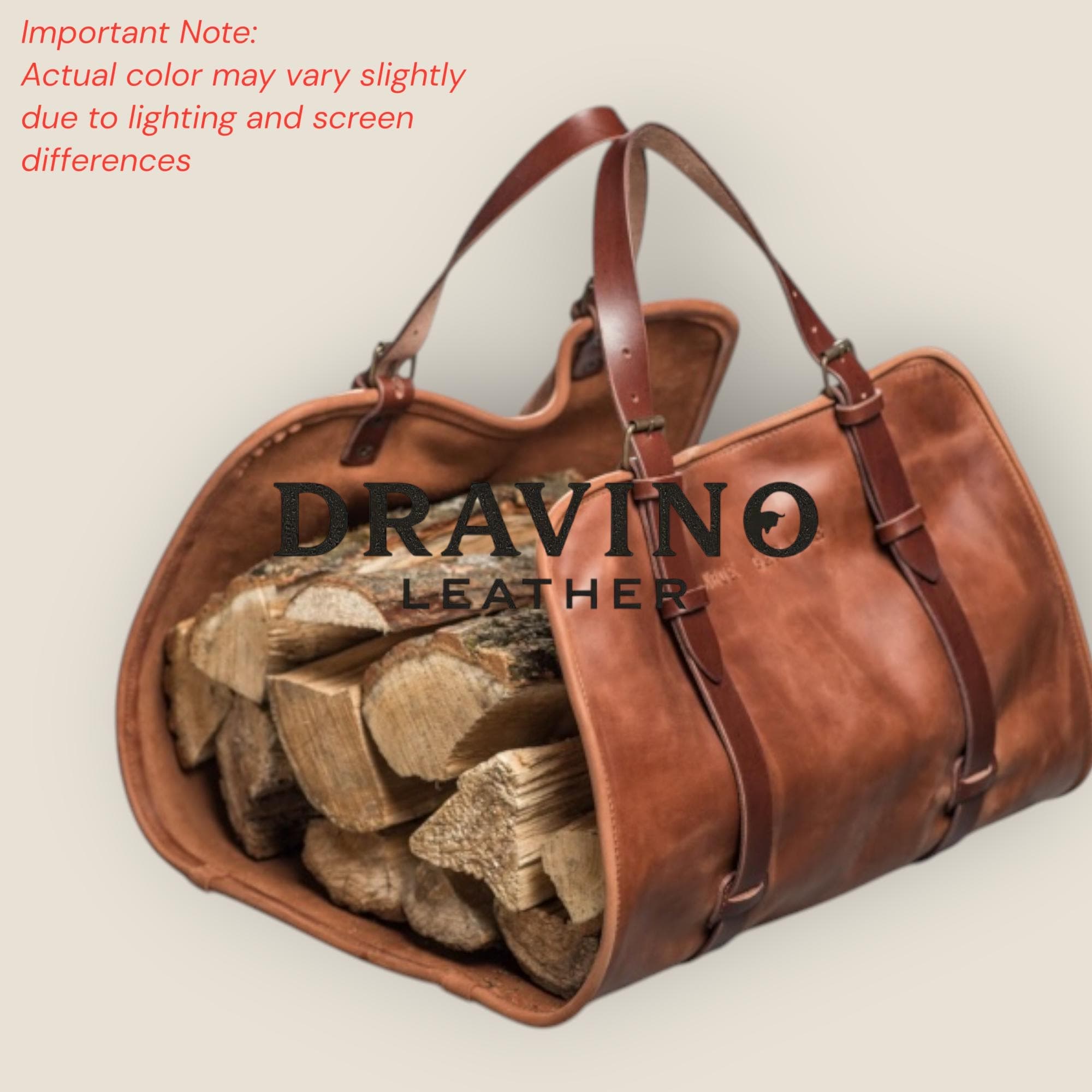 Handmade Genuine Leather Firewood Carrier Bag – Heavy Duty Log Holder Tote, Rustic Fireplace Wood,