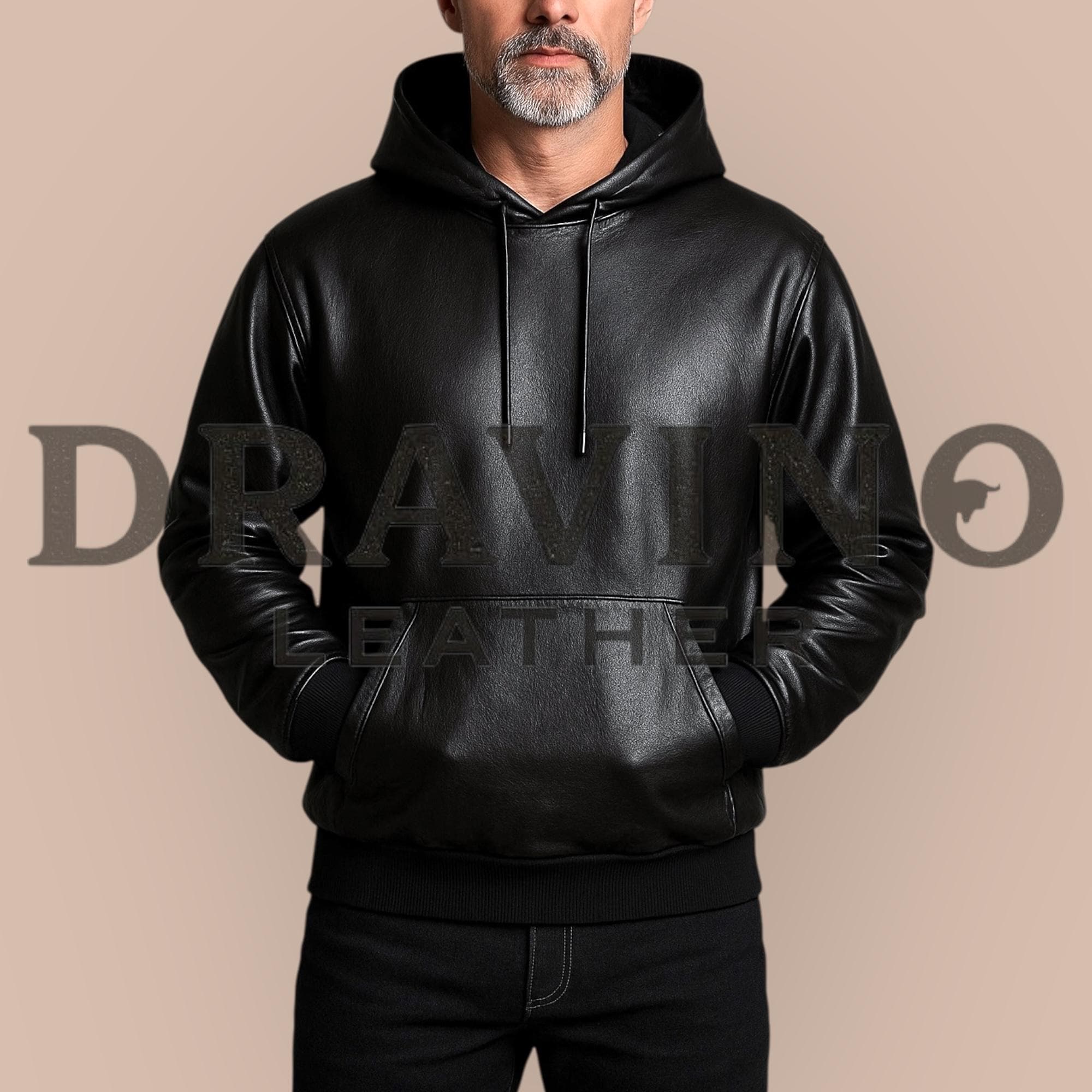 Handmade Men's Lambskin Leather Hoodie: Black Pullover with Kangaroo Pocket