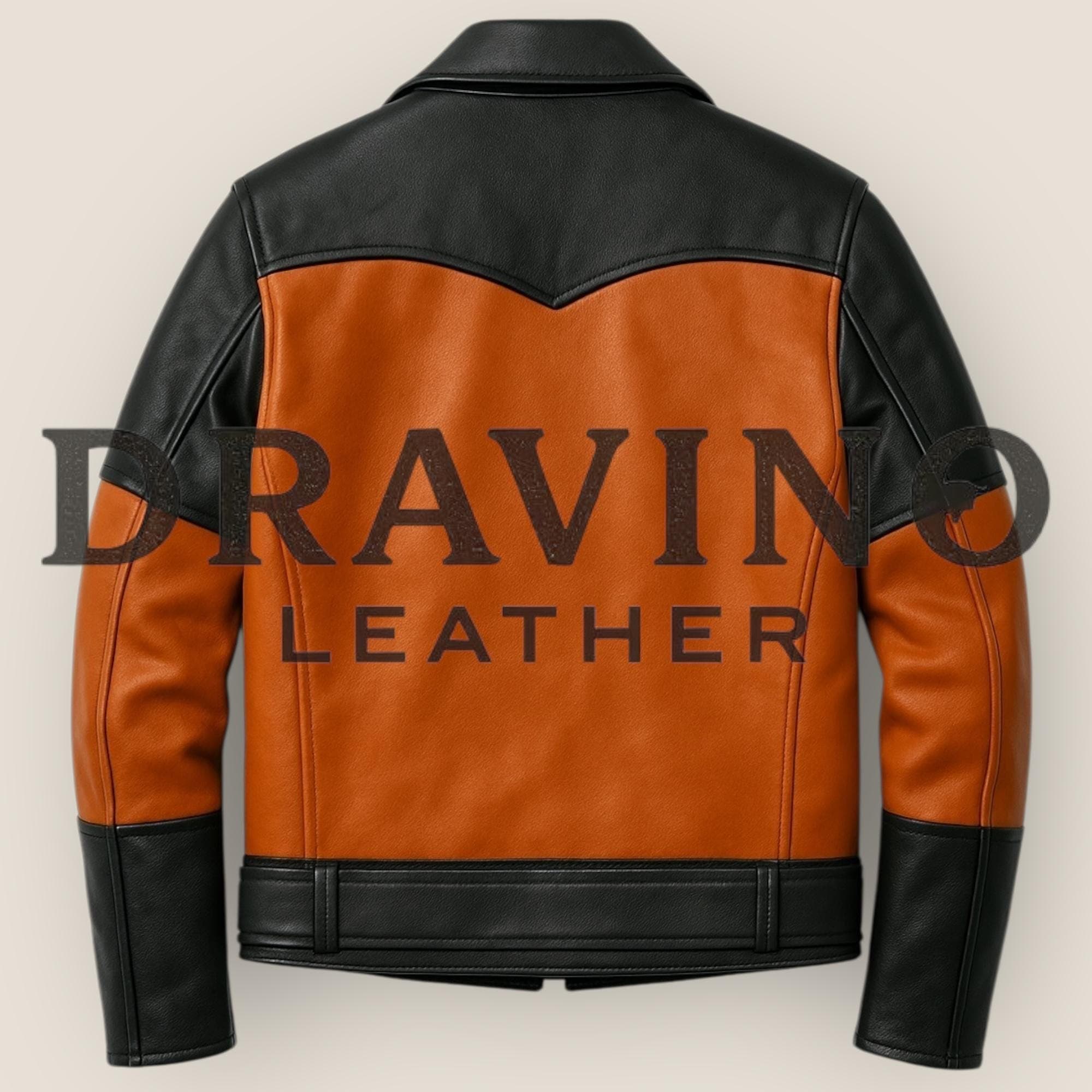 Men’s Two-Tone Cowhide Leather Biker Jacket – Black & Burnt Orange. - image 3