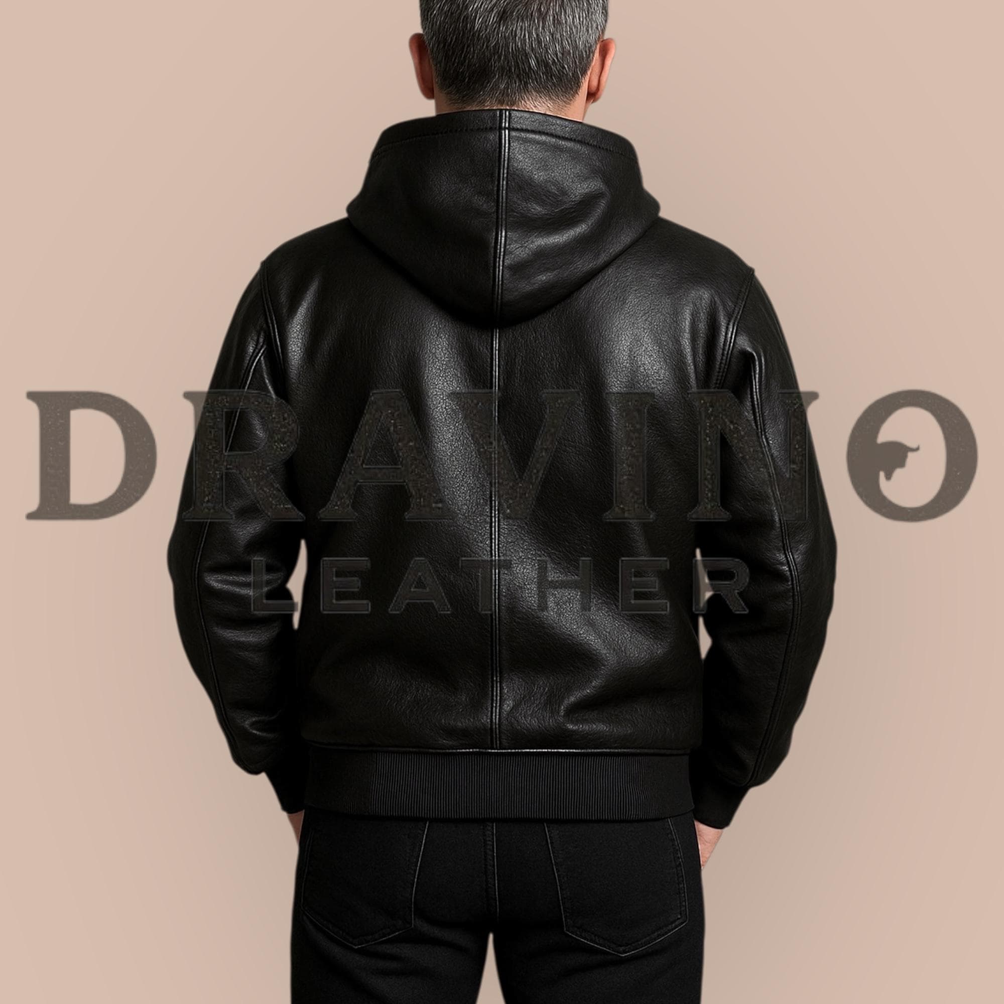 Handmade Men's Lambskin Leather Hoodie: Black Pullover with Kangaroo Pocket - image 3