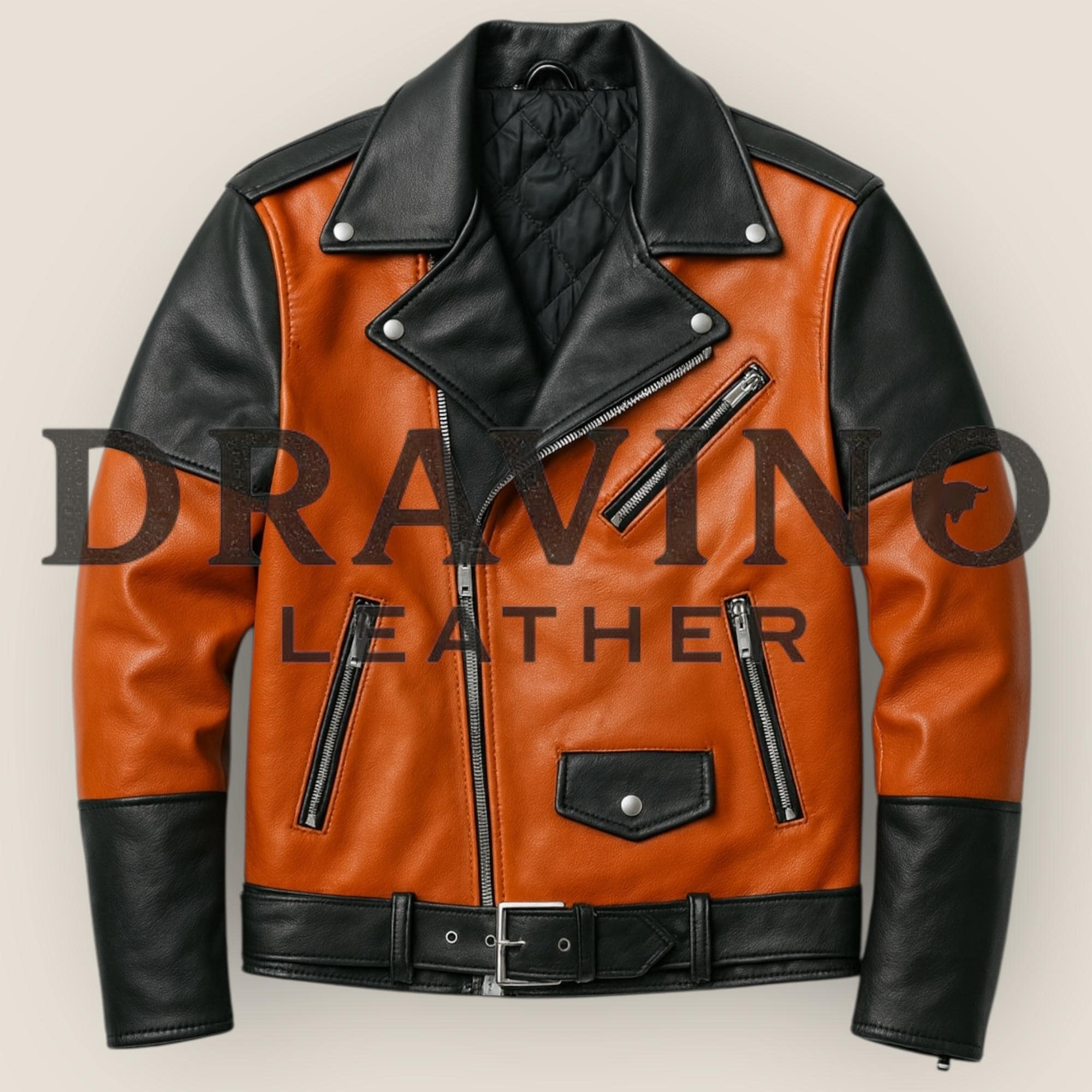 Men’s Two-Tone Cowhide Leather Biker Jacket – Black & Burnt Orange.