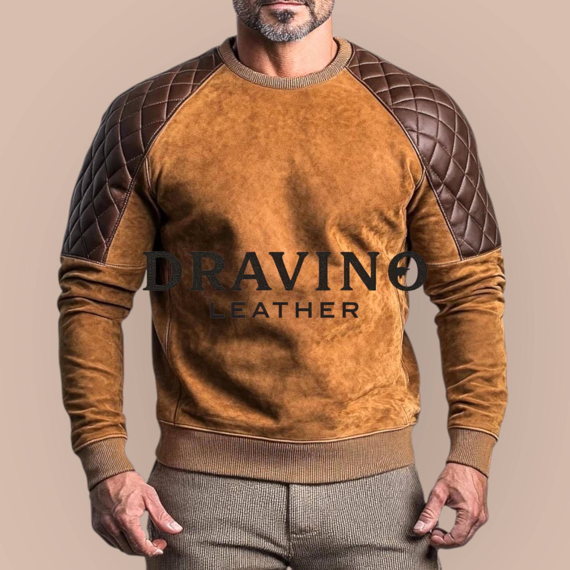Men’s Brown Leather Shirt  with Quilted Shoulder Patches – Casual Luxury Pullover - image 4