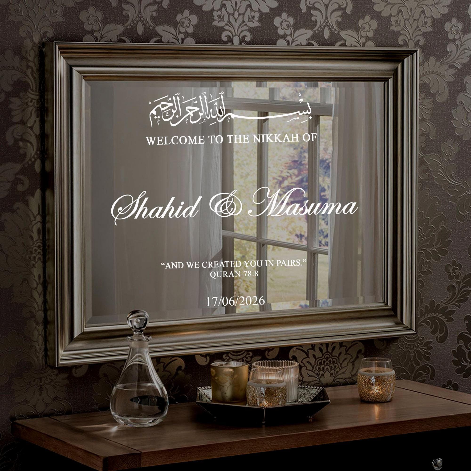 Personalised Nikkah Mirror Sign Sticker: Elegant Islamic Wedding Decor Landscape Design N8 - image 3