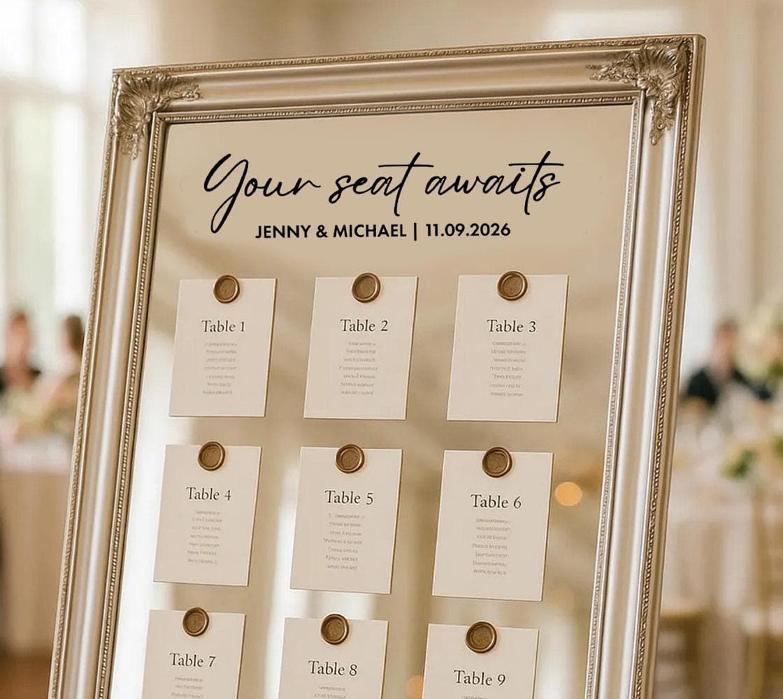 Personalised Wedding Seating Plan Mirror Decal “Your Seat Awaits” – Custom Seating Chart Mirror Sticker – Elegant Wedding Sign Vinyl