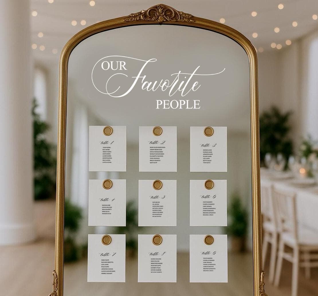 Wedding Seating Plan Mirror Decal – "Our Favourite People" Wedding Mirror Sticker –  Elegant Wedding Signage