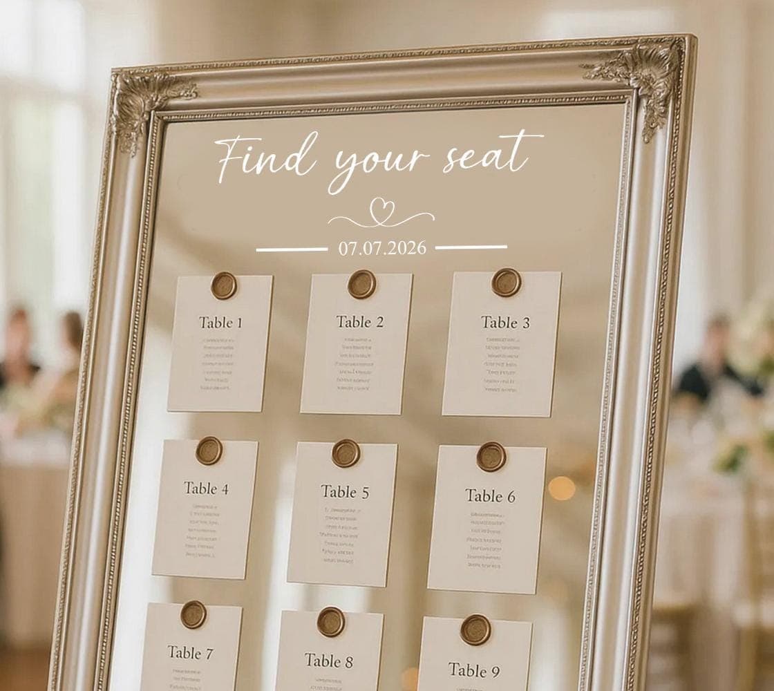 Wedding Seating Plan Mirror Decal, Custom Date Vinyl Sticker