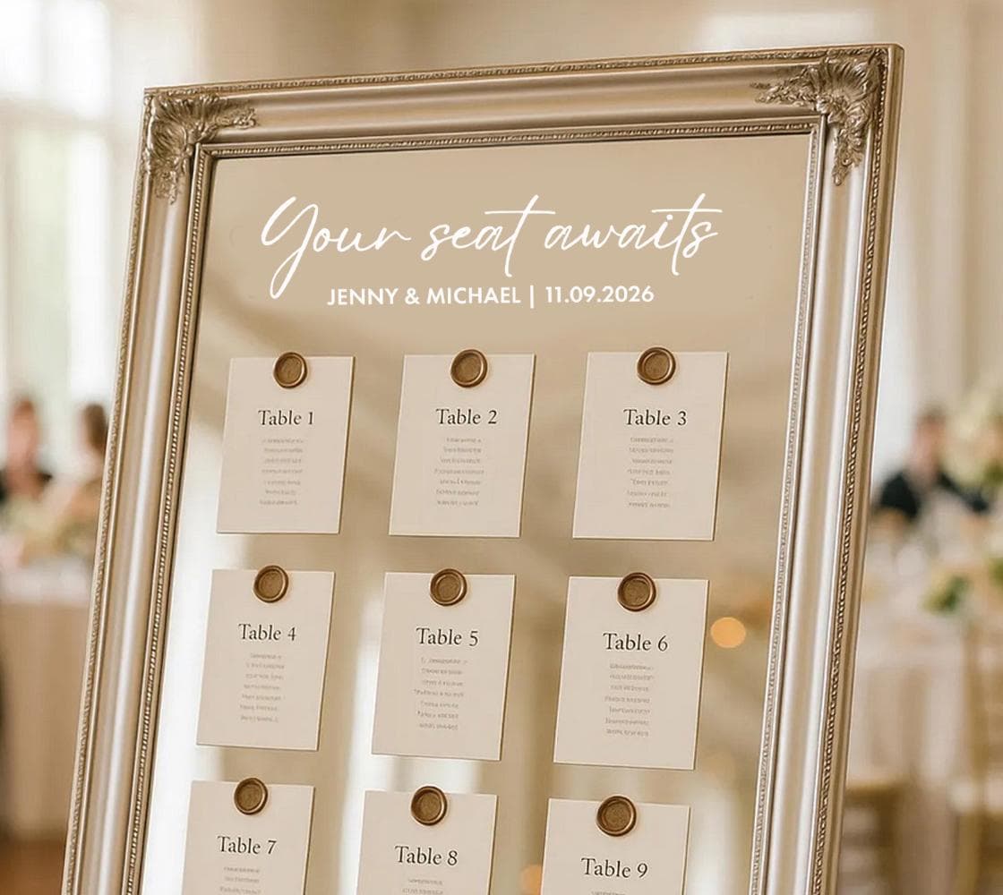 Personalised Wedding Seating Plan Mirror Decal “Your Seat Awaits” – Custom Seating Chart Mirror Sticker – Elegant Wedding Sign Vinyl - image 3