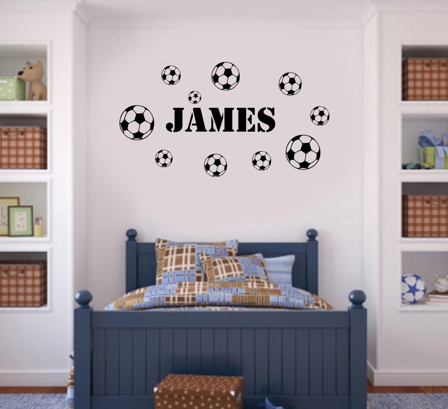 Personalised Football Wall Decal: Custom Name Vinyl Sports Sticker with 10 Footballs FBN