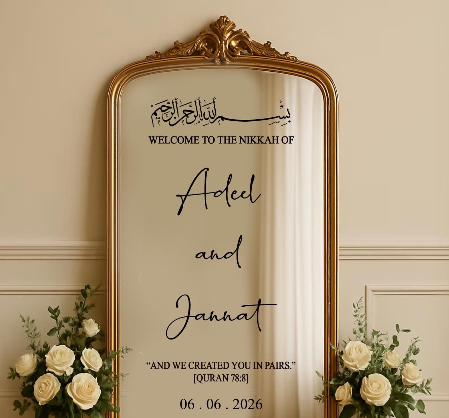 Personalised Nikkah Mirror Sign Sticker: Elegant Islamic Wedding Decor N16 - image 4