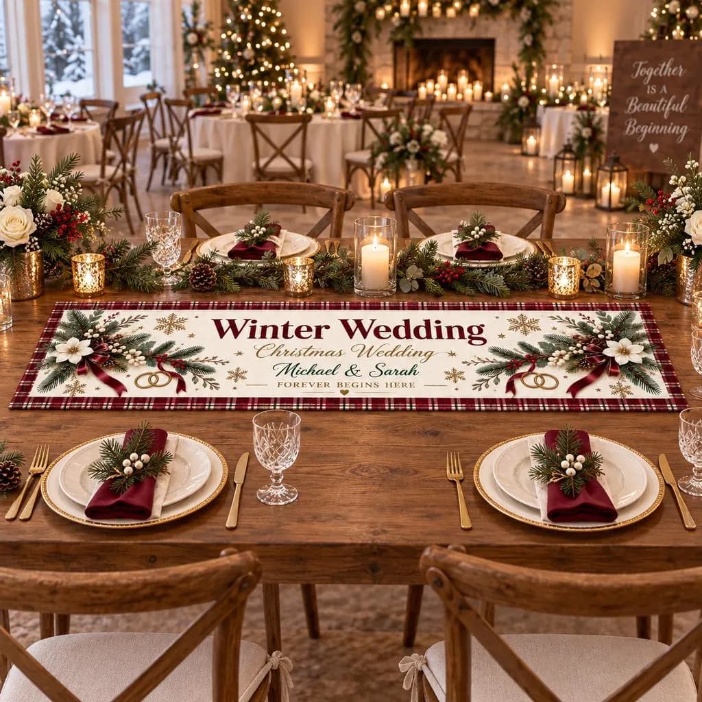 Personalized Winter Wedding Table Runner, Custom Couple Names, Christmas Wedding Sweetheart Table Decor - image 5