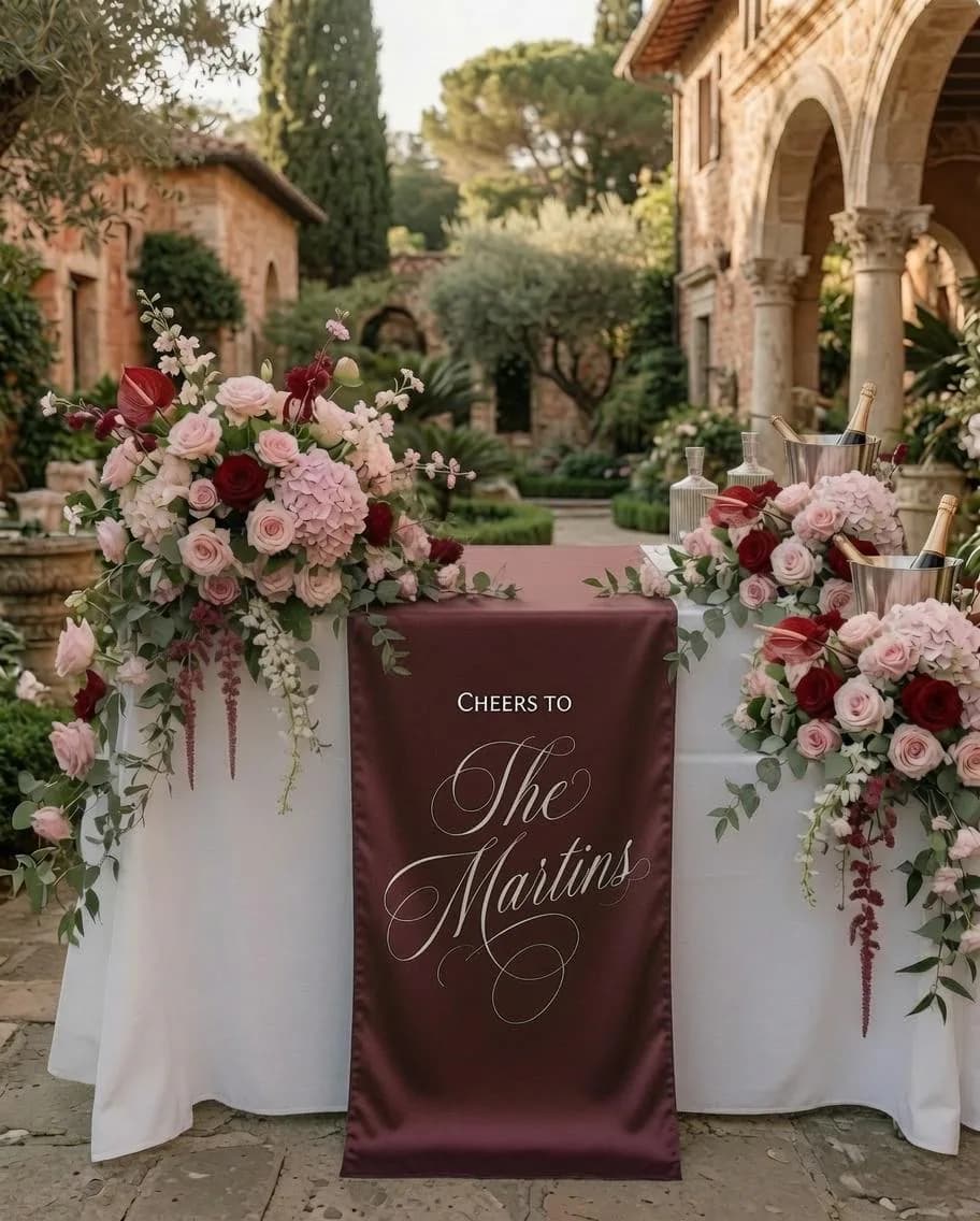 Burgundy Wedding Table Runner, Personalized Last Name Banner, Custom Sweetheart Table Reception Decor - image 4