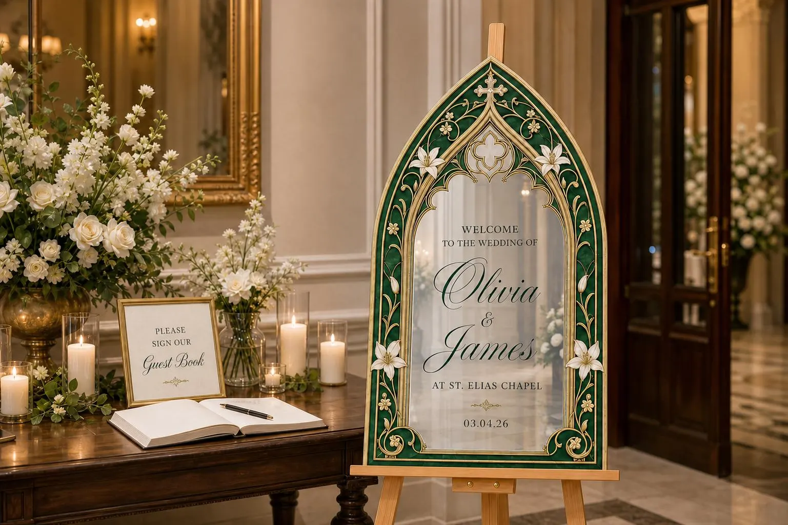 Personalized Acrylic Wedding Welcome Sign, Green Gothic Floral Faux Stained Glass Arch Sign - image 3