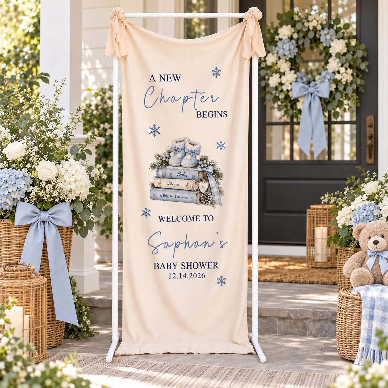 A New Chapter Begins Baby Shower Banner, Personalized Winter Storybook Welcome Sign - image 3