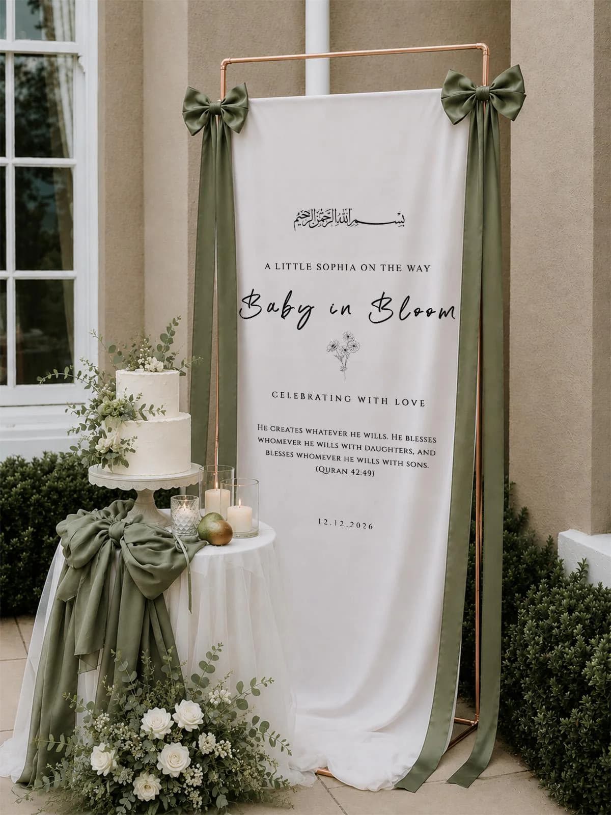 Islamic Baby Shower Welcome Banner, Baby in Bloom Cotton Linen Backdrop, Green Floral Muslim Baby Shower Sign