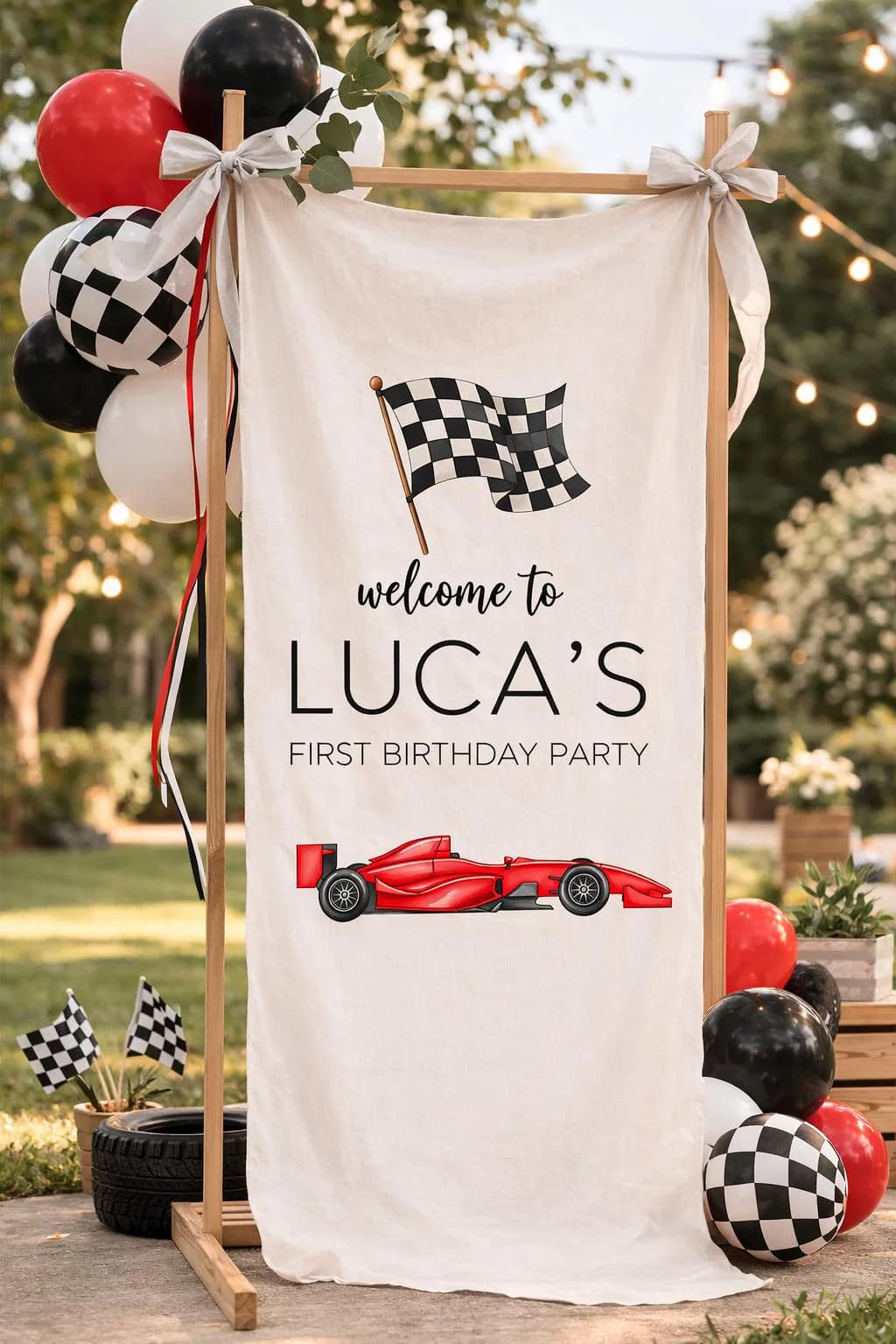 Race Car First Birthday Banner, Racing Birthday Backdrop, Boy 1st Birthday Party Decor, Custom Race Car Birthday Sign