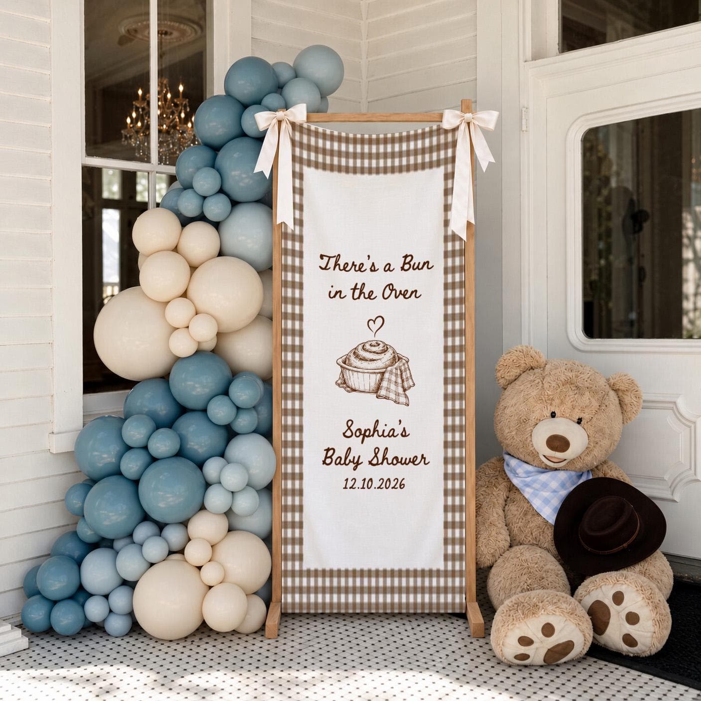 Bun in the Oven Baby Shower Banner, Personalized Baby Name Sign, Brown Gingham Fabric Welcome Decor - image 3