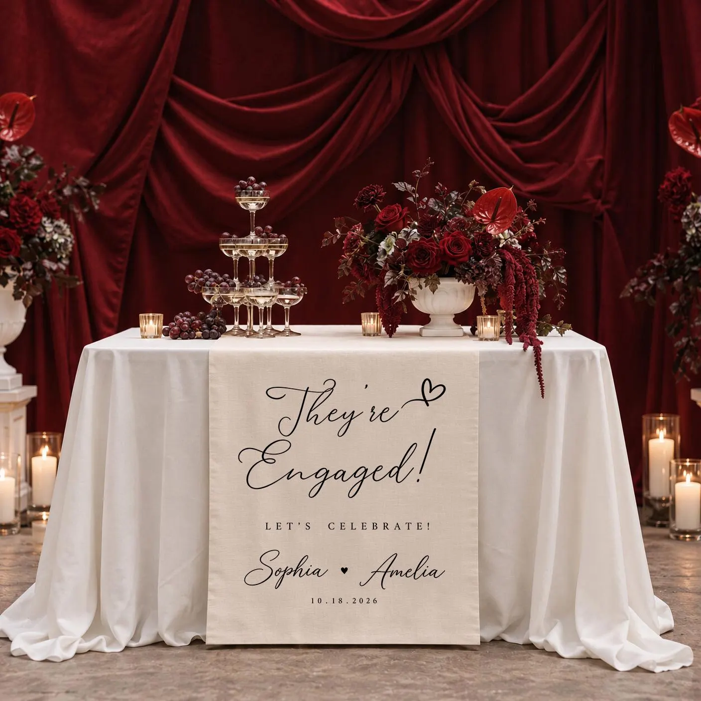 Personalized Engagement Party Table Runner, They’re Engaged Table Decor, Custom Couple Names Engagement Celebration Sign
