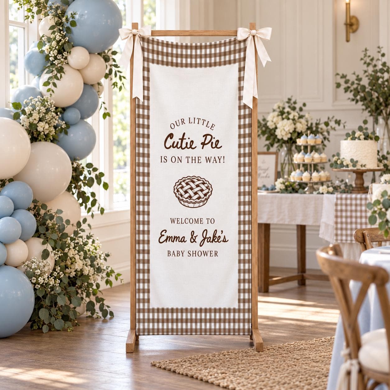 Cutie Pie Baby Shower Banner, Personalized Couple Name Welcome Sign, Brown Gingham Party Backdrop - image 4