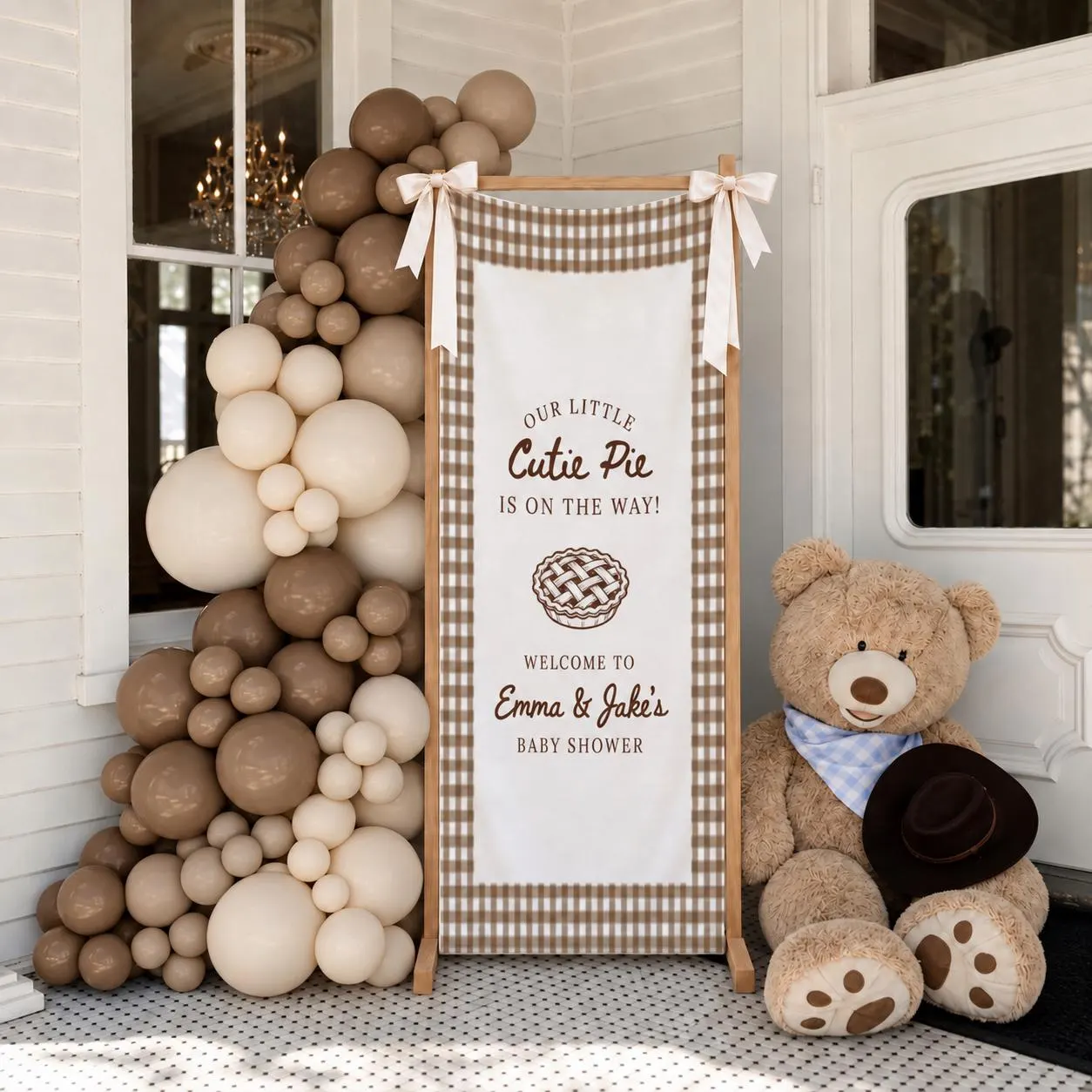 Cutie Pie Baby Shower Banner, Personalized Couple Name Welcome Sign, Brown Gingham Party Backdrop