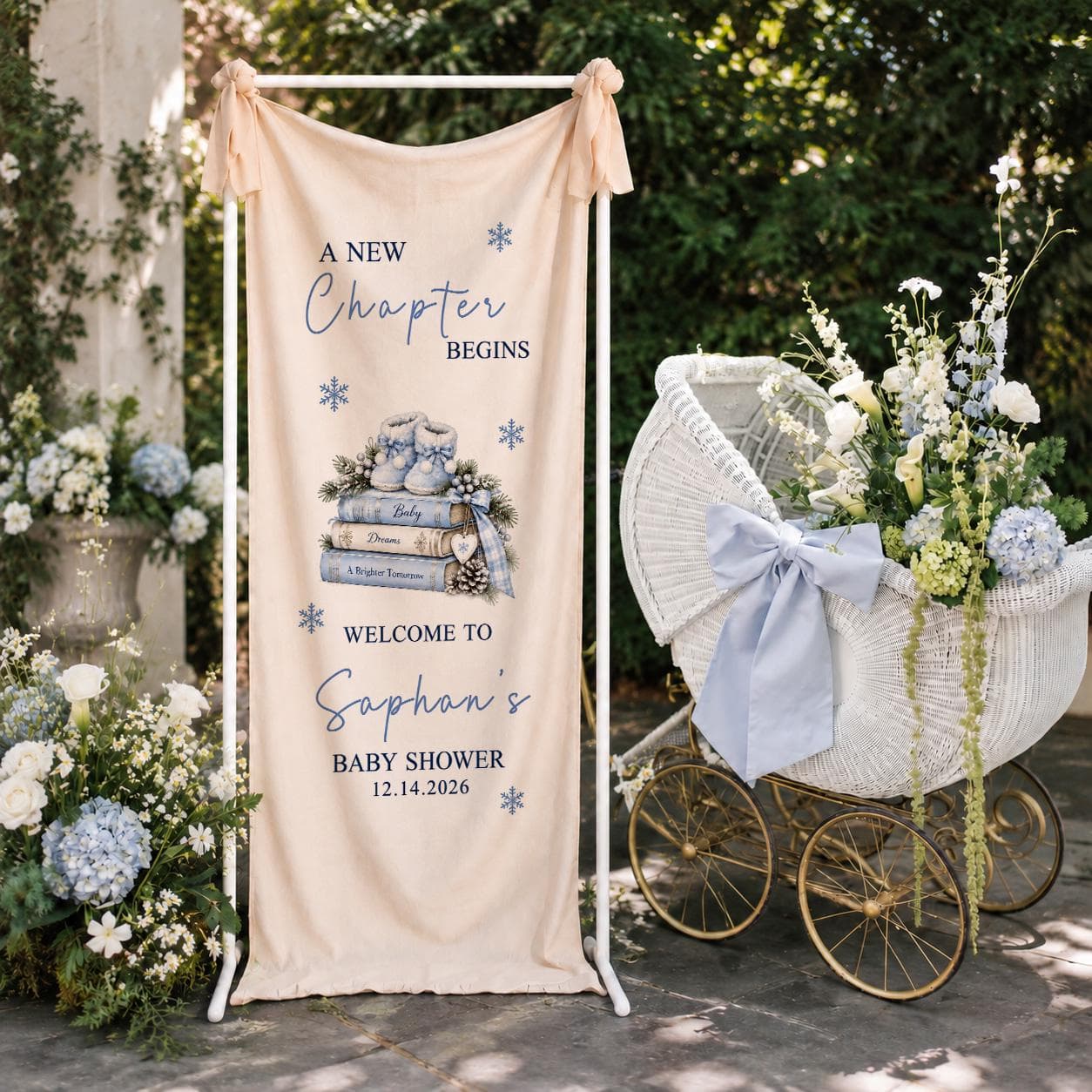 A New Chapter Begins Baby Shower Banner, Personalized Winter Storybook Welcome Sign