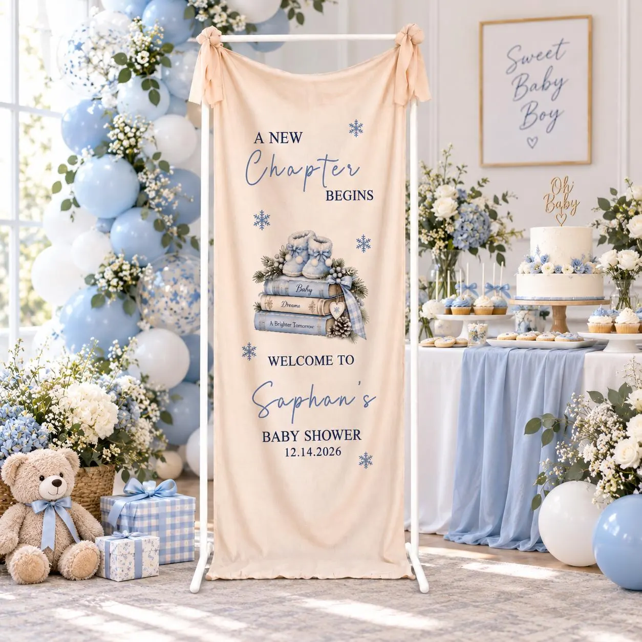 A New Chapter Begins Baby Shower Banner, Personalized Winter Storybook Welcome Sign - image 4