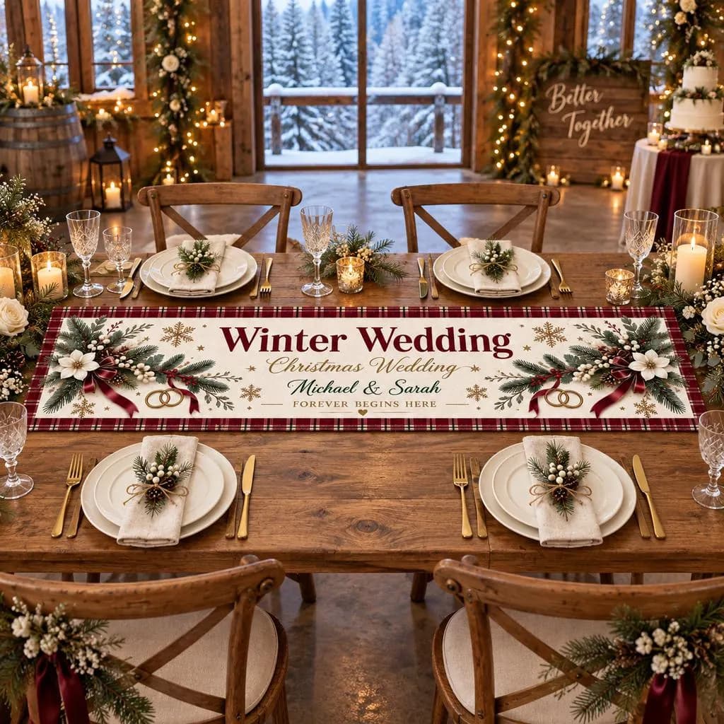 Personalized Winter Wedding Table Runner, Custom Couple Names, Christmas Wedding Sweetheart Table Decor
