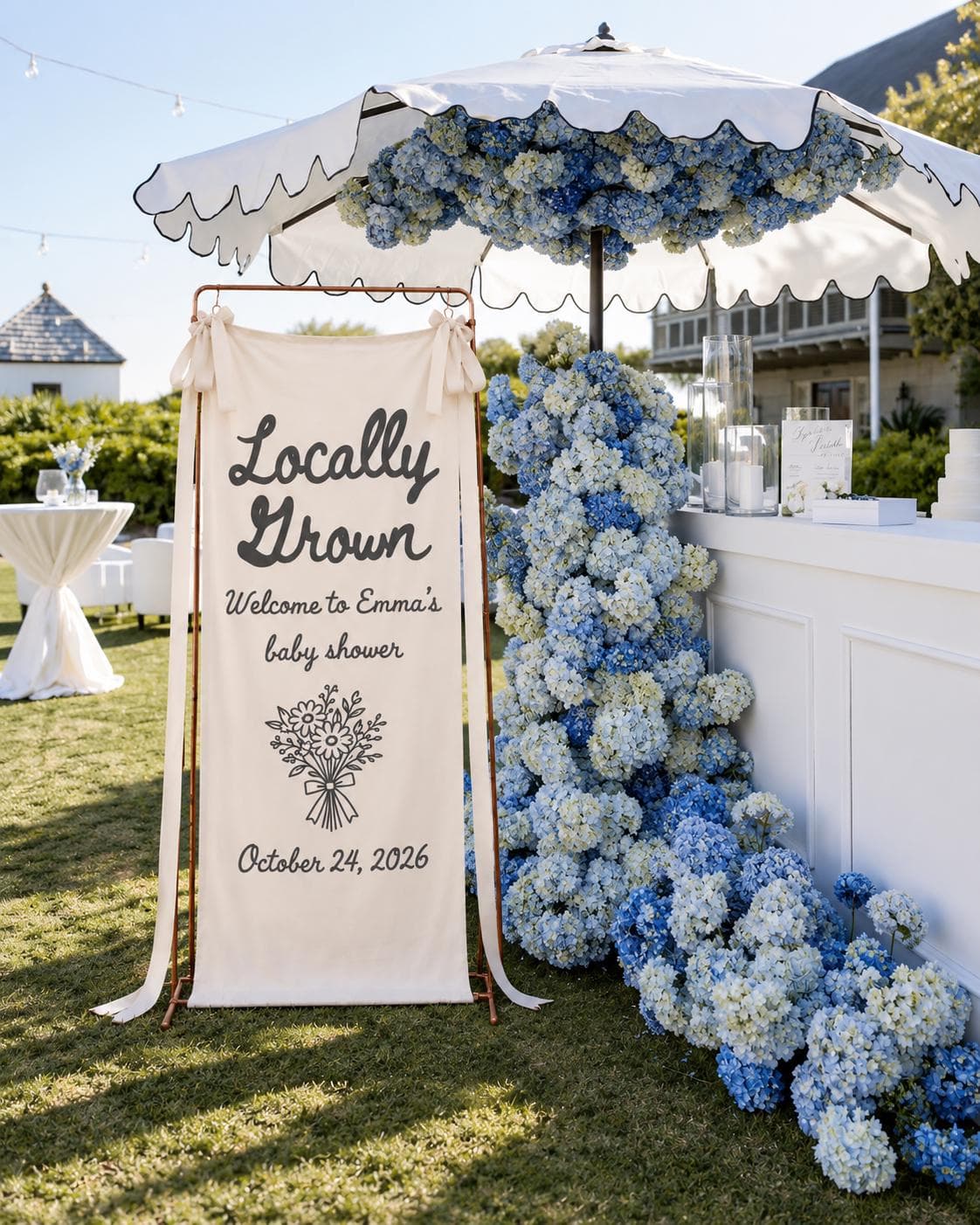 Locally Grown Baby Shower Banner, Personalized Floral Garden Fabric Welcome Sign
