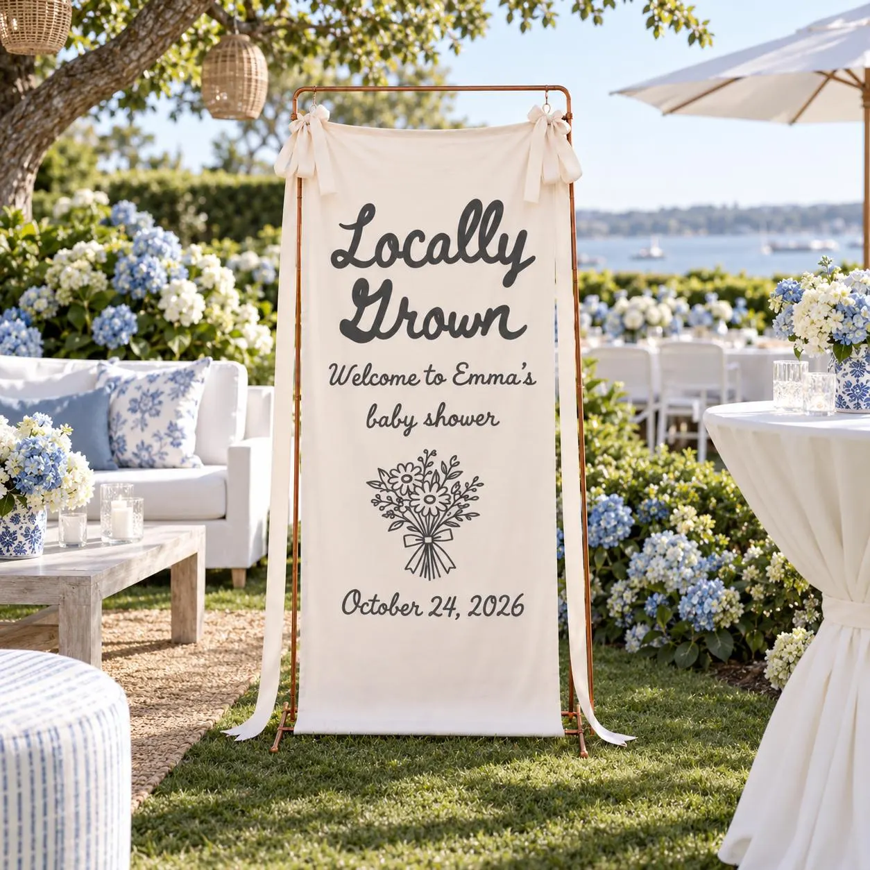 Locally Grown Baby Shower Banner, Personalized Floral Garden Fabric Welcome Sign - image 3