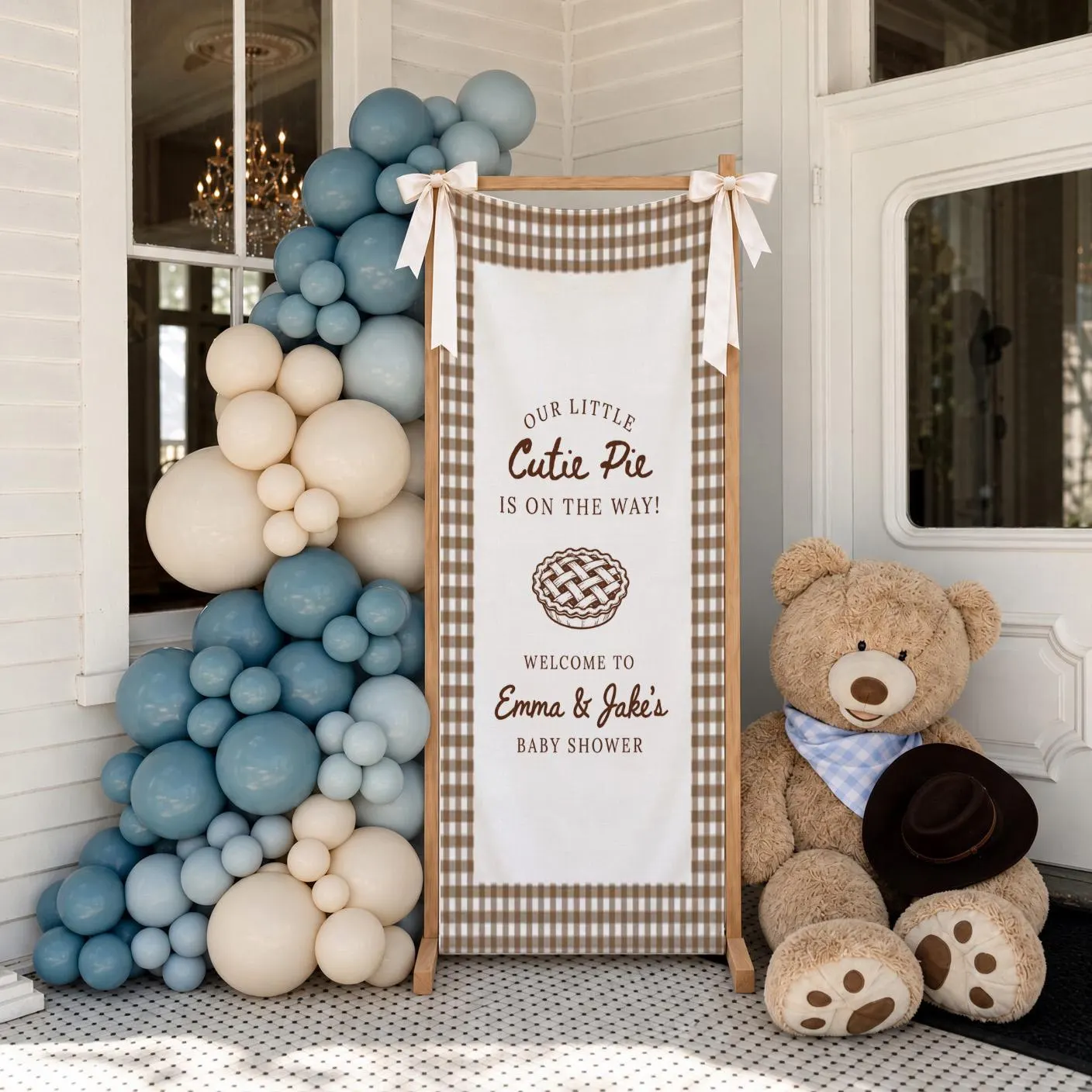 Cutie Pie Baby Shower Banner, Personalized Couple Name Welcome Sign, Brown Gingham Party Backdrop - image 5