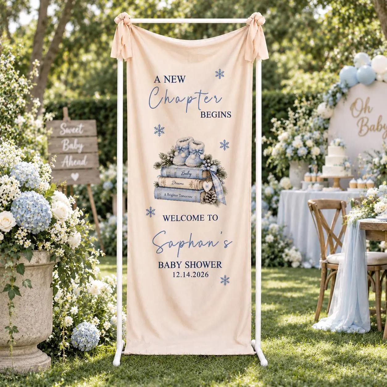 A New Chapter Begins Baby Shower Banner, Personalized Winter Storybook Welcome Sign - image 5