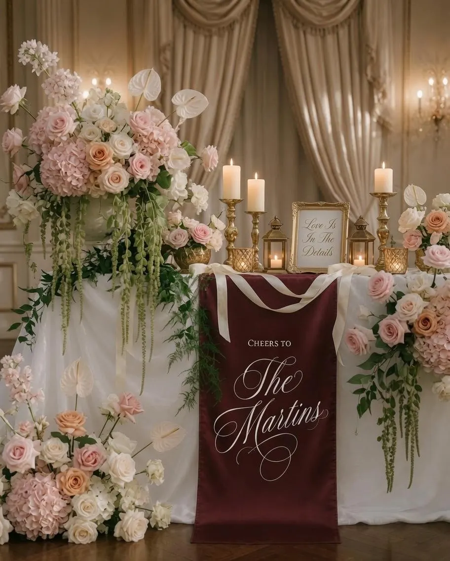 Burgundy Wedding Table Runner, Personalized Last Name Banner, Custom Sweetheart Table Reception Decor