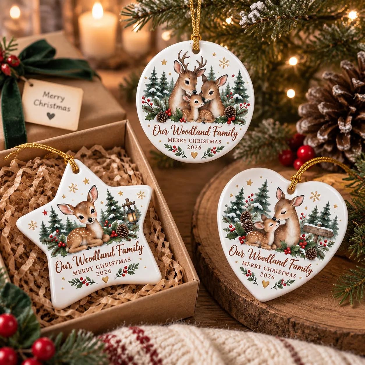Woodland Family Christmas Ceramic Ornament, Deer Family Keepsake, Rustic Forest Holiday Gift, Woodland Christmas Ornament 2026