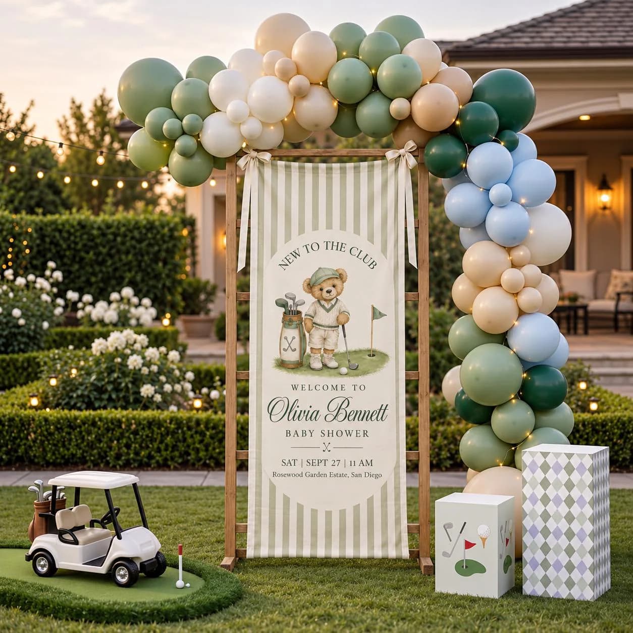 Personalized Golf Baby Shower Banner, Little Golfer Welcome Sign, Teddy Bear Golf Fabric Backdrop with Custom Name - image 4