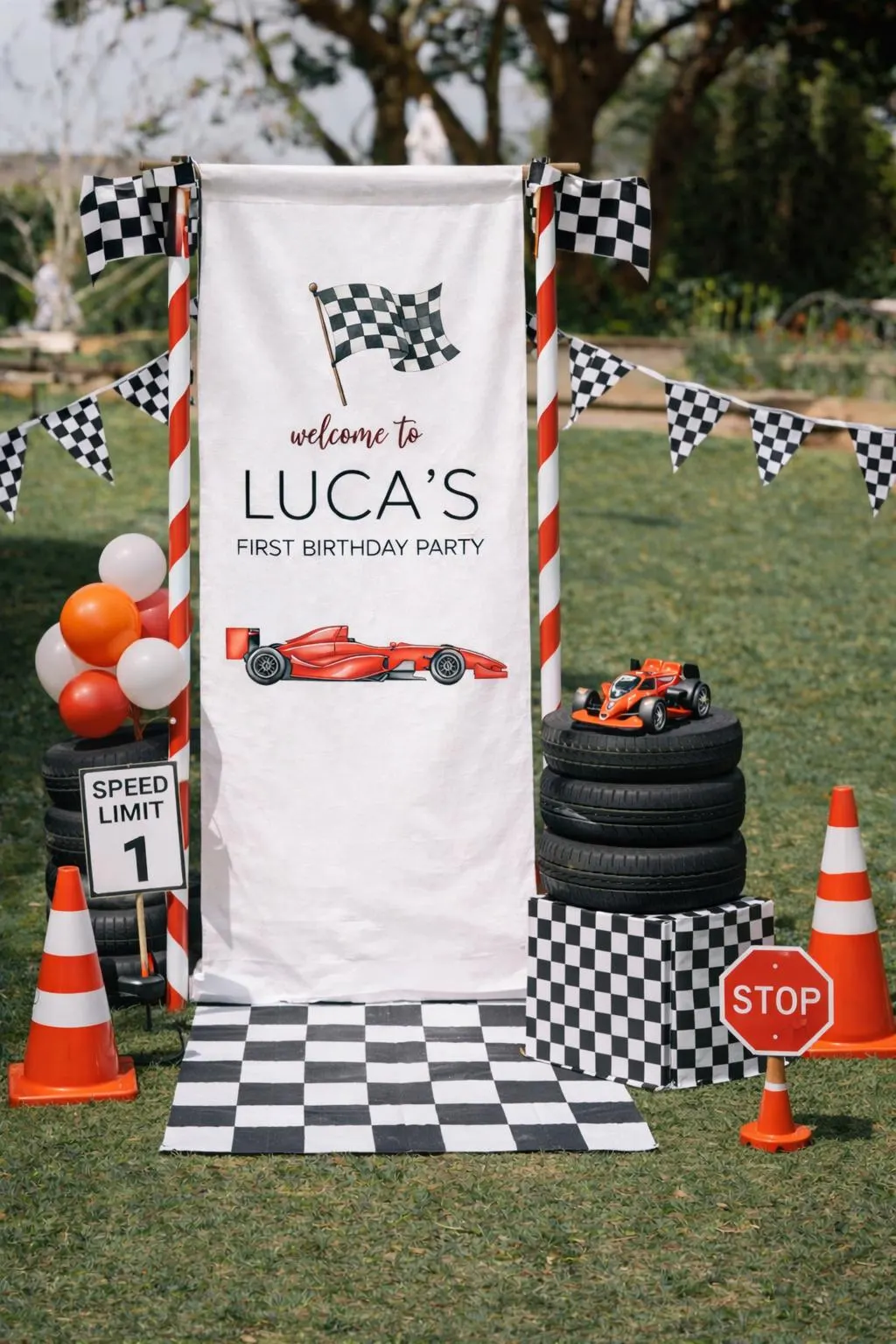 Race Car First Birthday Banner, Racing Birthday Backdrop, Boy 1st Birthday Party Decor, Custom Race Car Birthday Sign - image 3