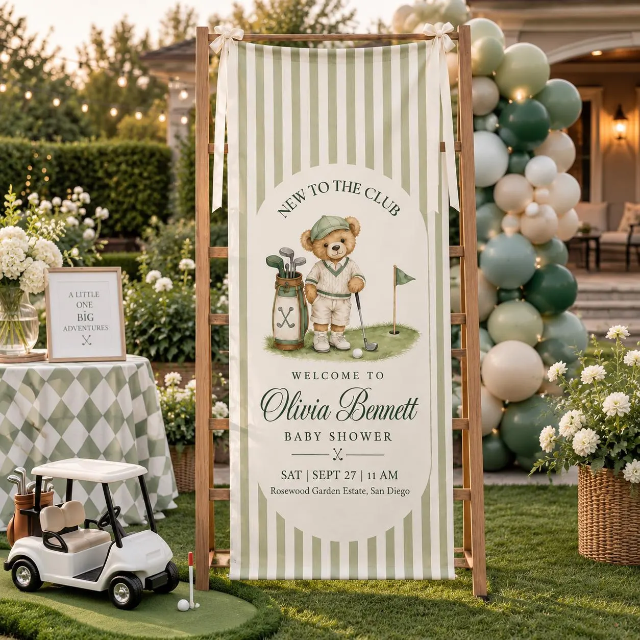 Personalized Golf Baby Shower Banner, Little Golfer Welcome Sign, Teddy Bear Golf Fabric Backdrop with Custom Name - image 3