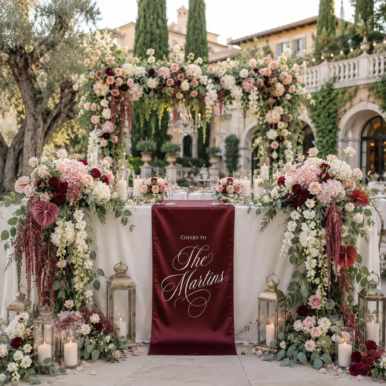 Burgundy Wedding Table Runner, Personalized Last Name Banner, Custom Sweetheart Table Reception Decor - image 3
