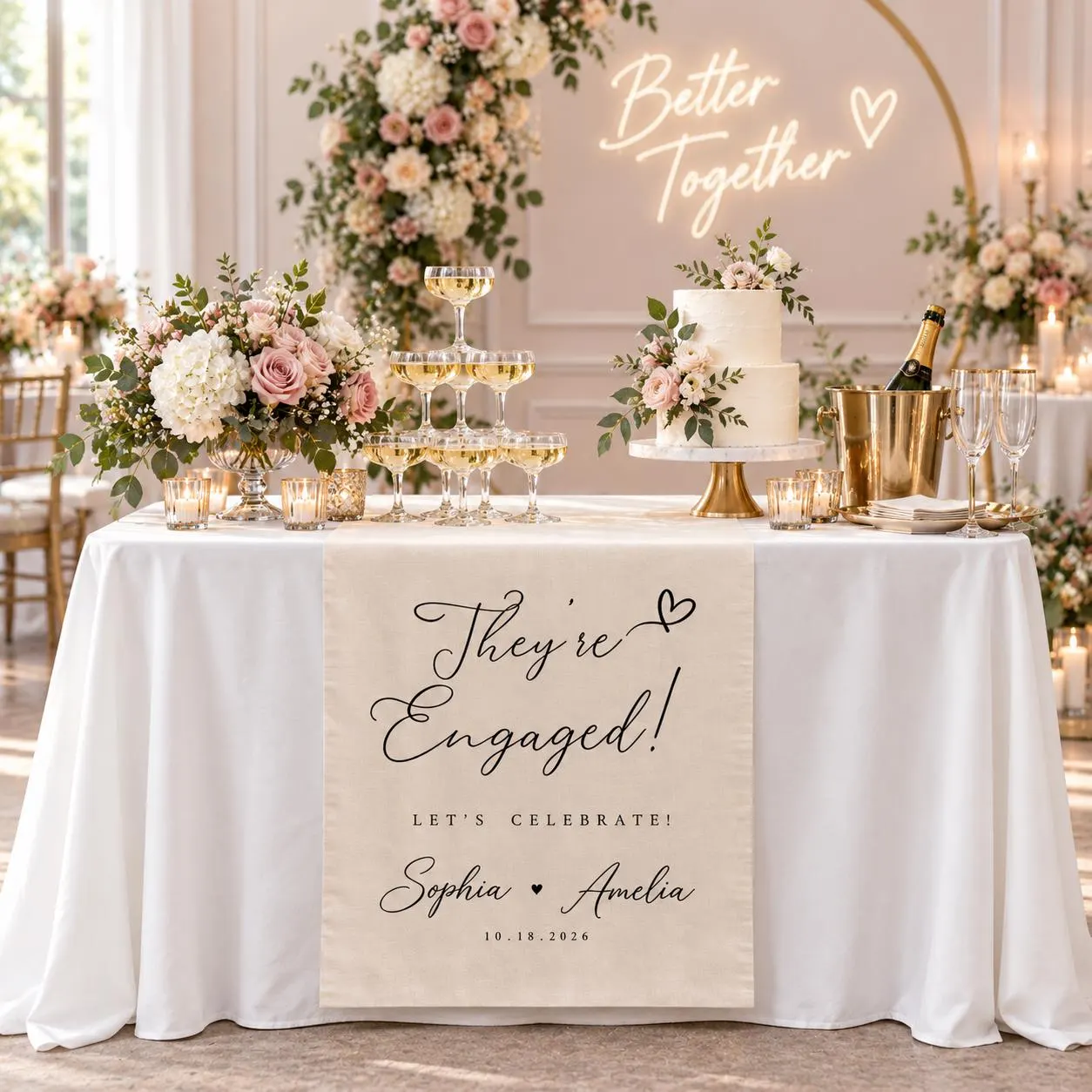 Personalized Engagement Party Table Runner, They’re Engaged Table Decor, Custom Couple Names Engagement Celebration Sign - image 3