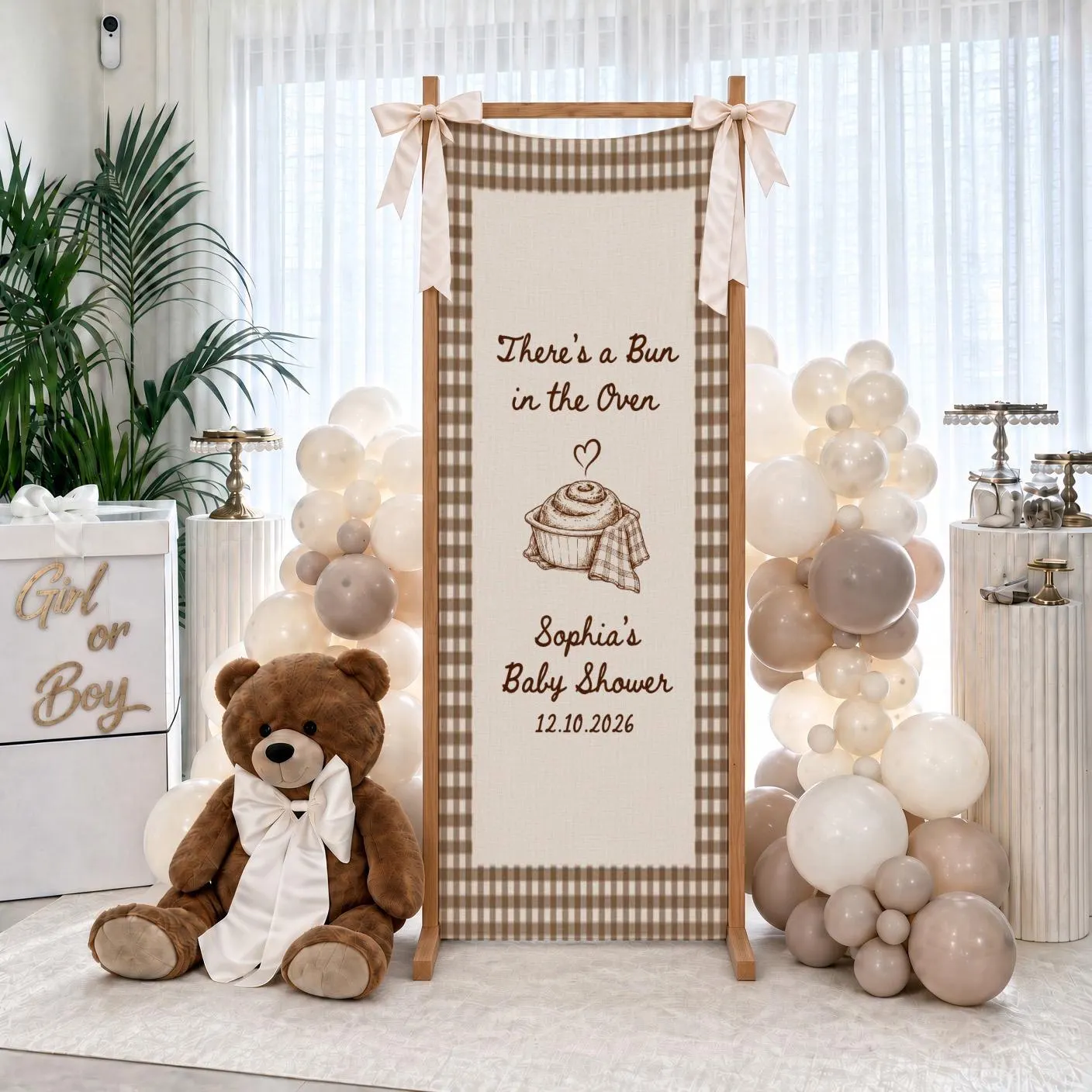 Bun in the Oven Baby Shower Banner, Personalized Baby Name Sign, Brown Gingham Fabric Welcome Decor - image 4