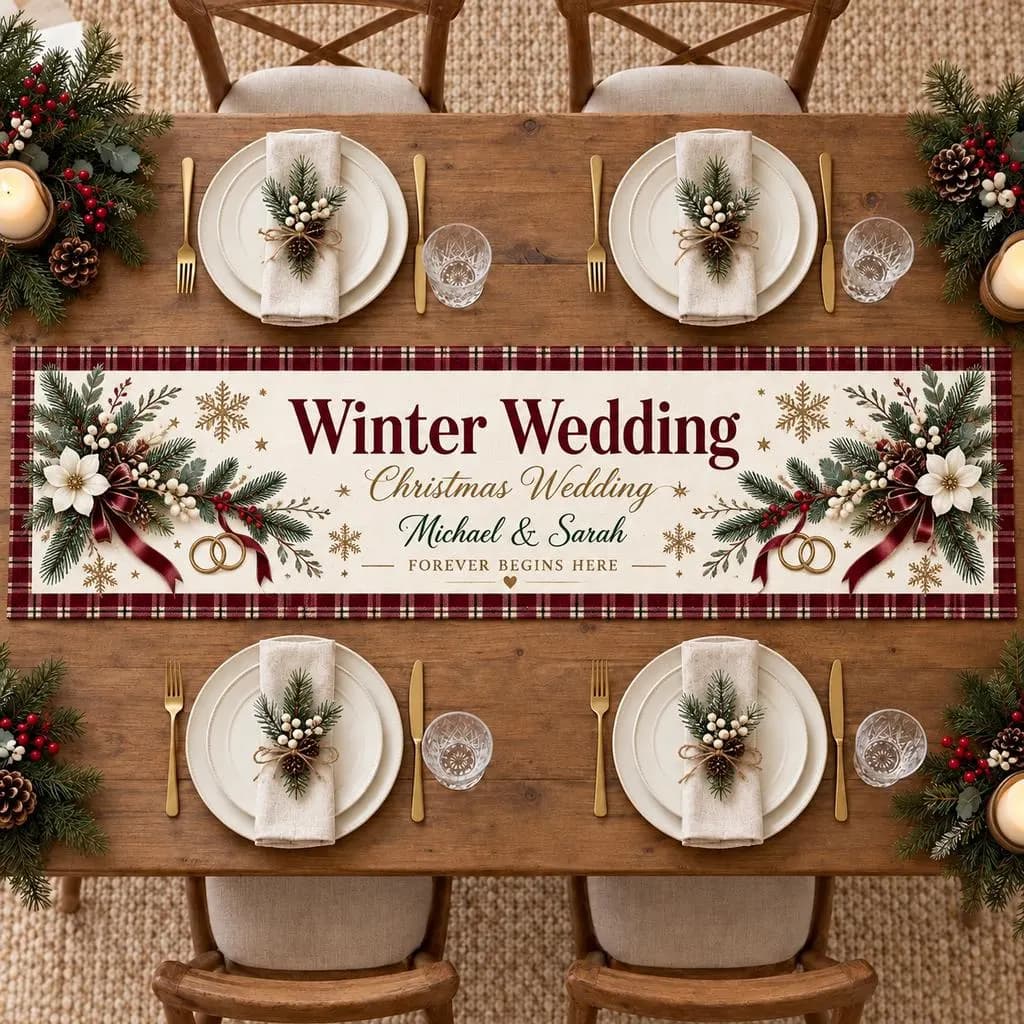 Personalized Winter Wedding Table Runner, Custom Couple Names, Christmas Wedding Sweetheart Table Decor - image 3