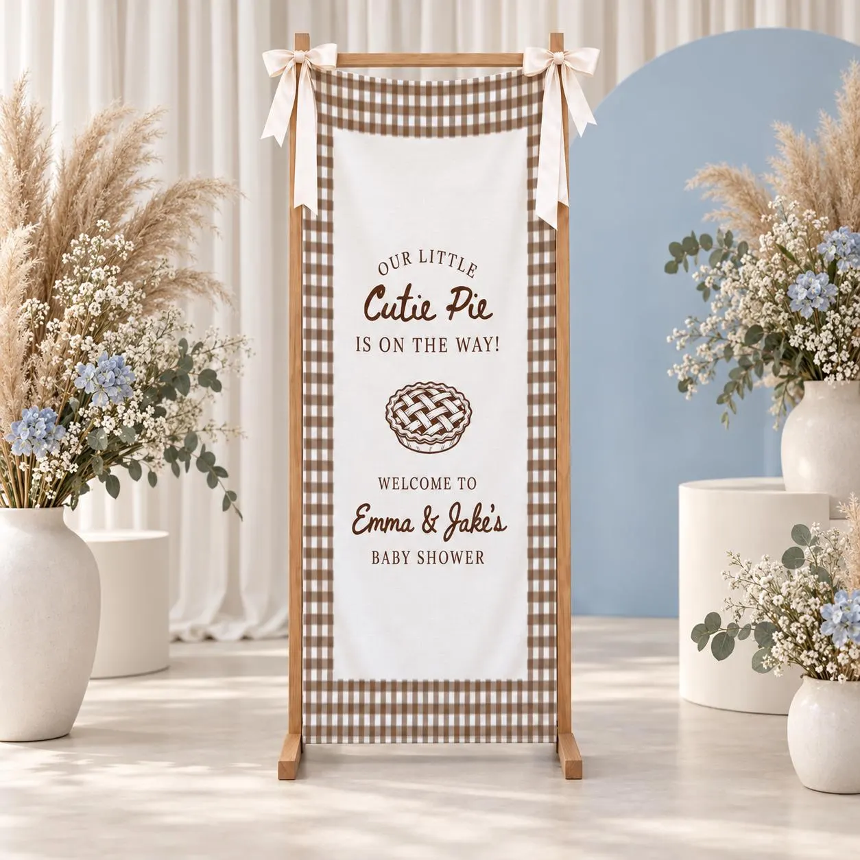 Cutie Pie Baby Shower Banner, Personalized Couple Name Welcome Sign, Brown Gingham Party Backdrop - image 2