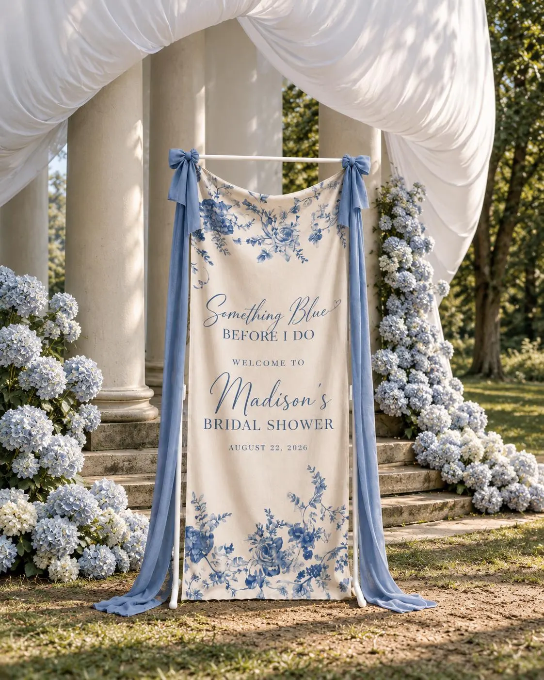 Something Blue Bridal Shower Banner, Personalized Bride Name Welcome Sign, Blue Floral Fabric Party Decor