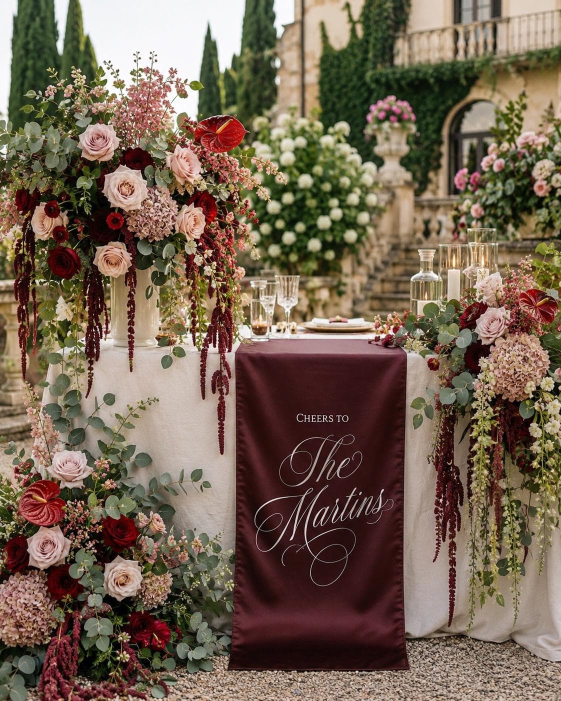 Burgundy Wedding Table Runner, Personalized Last Name Banner, Custom Sweetheart Table Reception Decor - image 5
