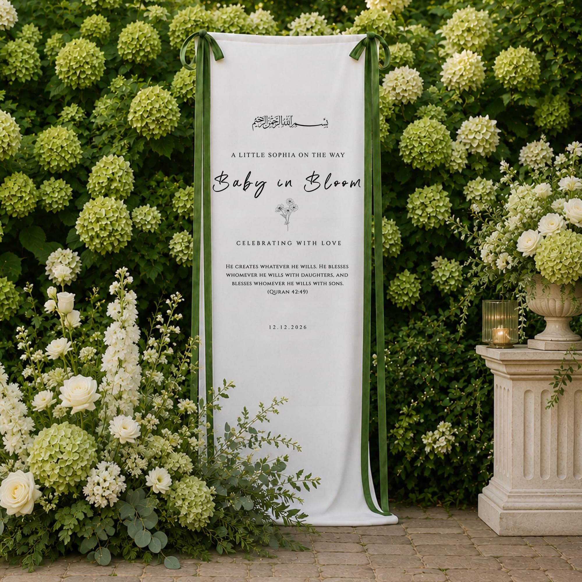 Islamic Baby Shower Welcome Banner, Baby in Bloom Cotton Linen Backdrop, Green Floral Muslim Baby Shower Sign - image 3