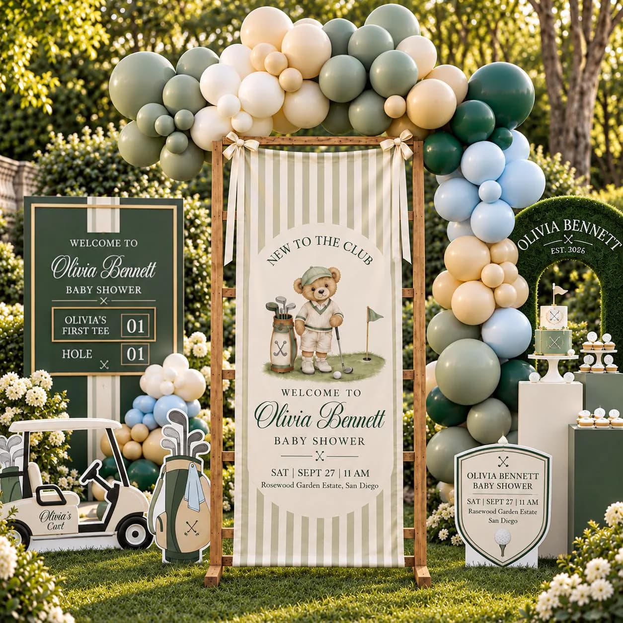 Personalized Golf Baby Shower Banner, Little Golfer Welcome Sign, Teddy Bear Golf Fabric Backdrop with Custom Name