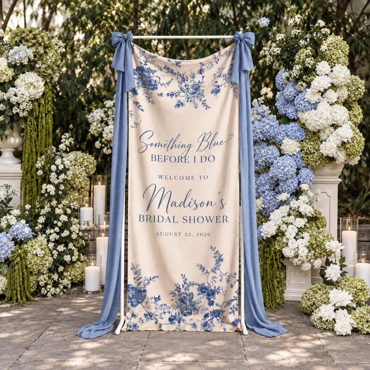 Something Blue Bridal Shower Banner, Personalized Bride Name Welcome Sign, Blue Floral Fabric Party Decor - image 3