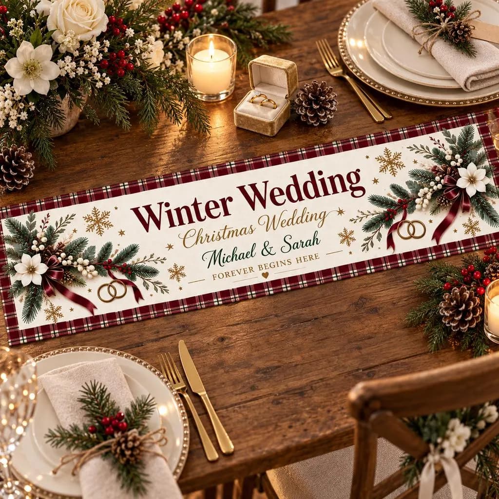 Personalized Winter Wedding Table Runner, Custom Couple Names, Christmas Wedding Sweetheart Table Decor - image 4