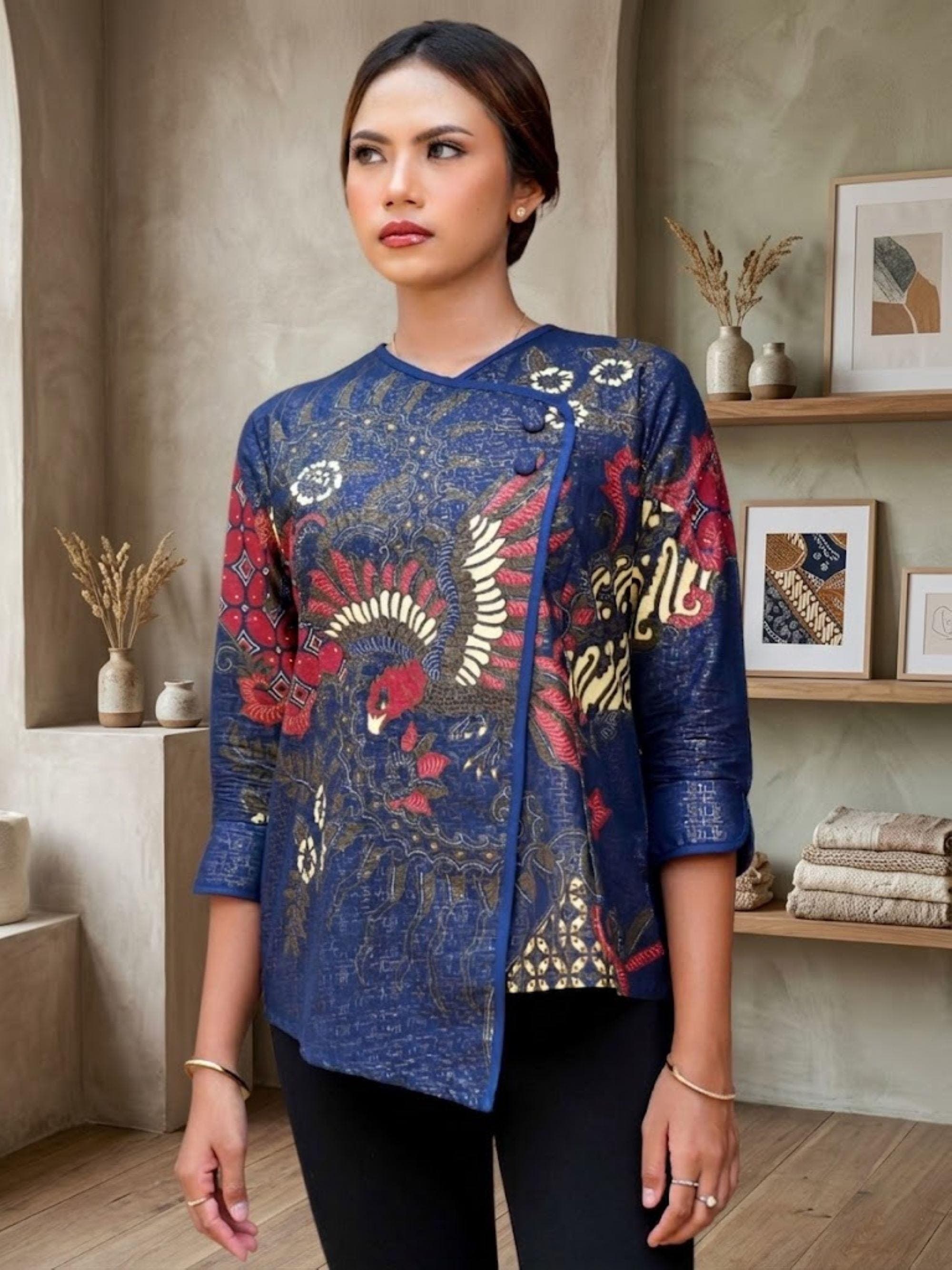 Blue Batik Blouse, Javanese Aksara Foil Print Top, Indonesian Ethnic Shirt