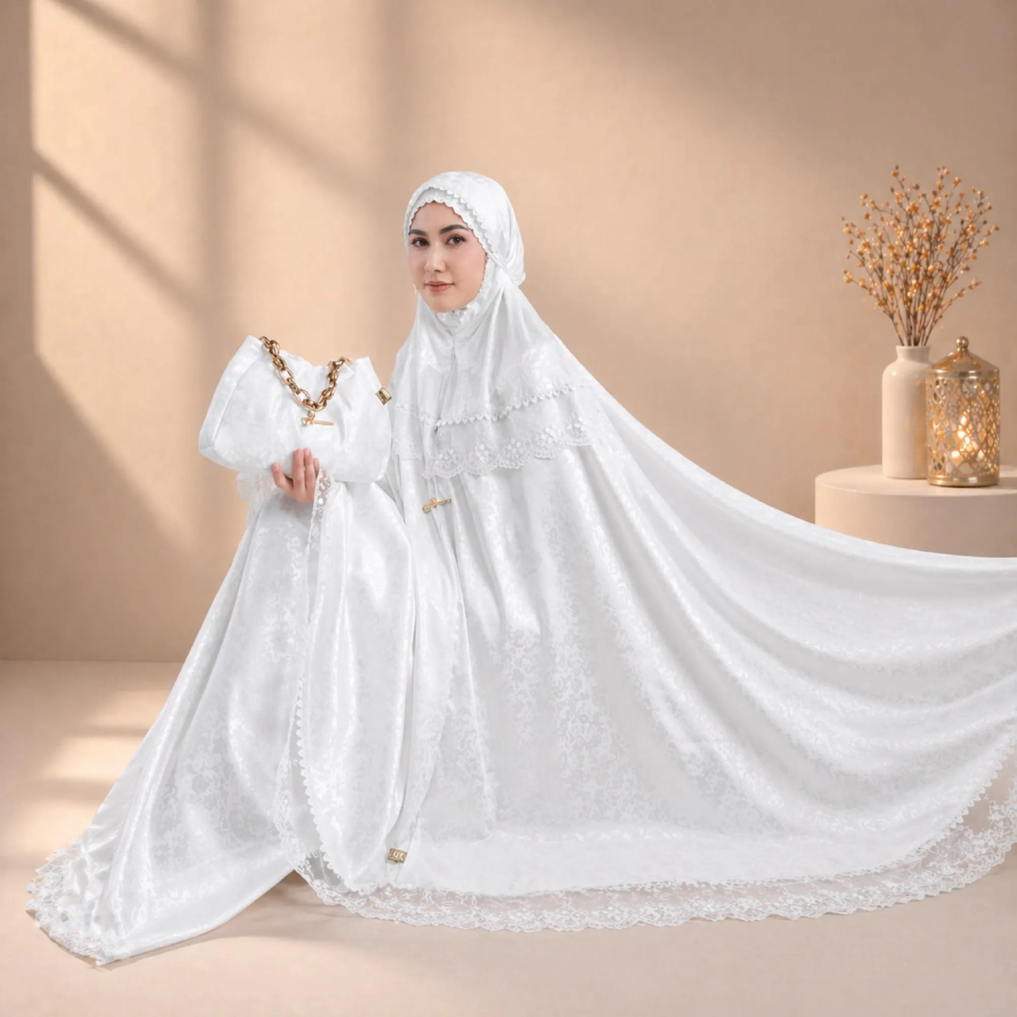 Silk Mukena Prayer Set with Elegant Lace Detailing – Indonesian Modest Wear - image 5